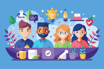 Poster - A diverse team of four people collaborates on a project, showcasing teamwork, creativity, and success.