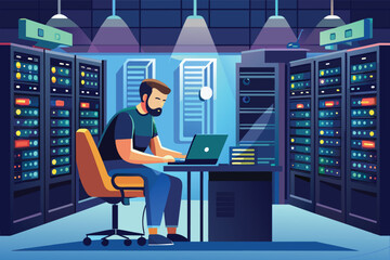 Poster - An illustration of a man sitting at a desk in a data center, working on a laptop in front of server racks.