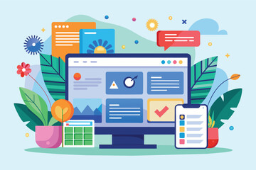 Poster - A modern illustration of a desktop computer, phone, and calendar with a colorful and abstract design.
