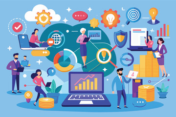 Poster - A group of business professionals are working together on a laptop and reviewing data analysis in a colorful and dynamic office setting.