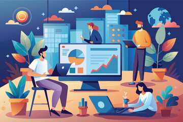 Poster - A group of business professionals work together on data analysis in a modern office setting. They use computers and laptops to analyze charts and graphs.