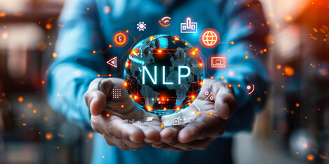 Poster - Person holding holographic sphere displaying NLP and technology icons, concept of natural language processing and its applications in various domains such as AI, data analysis, and automation