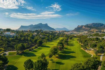 Wall Mural - aerial view of beautiful green golf course fairway in albir alicante spain on sunny day