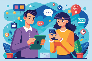 Poster - An illustration of a man and woman using digital devices in a modern workplace setting. The man is holding a tablet and the woman is holding a smartphone.