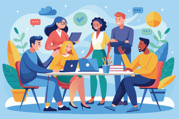 Poster - A diverse team of six people is working together on a project in a modern office setting. They are sitting at a table with laptops and talking to each other.
