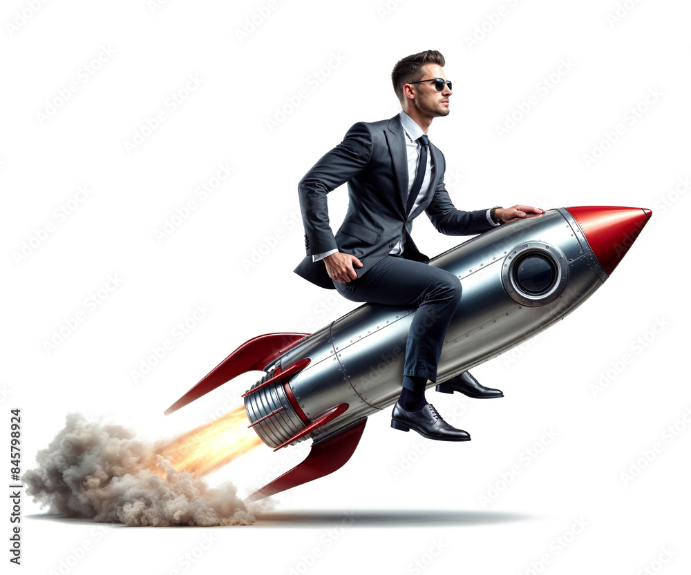 Businessman riding a rocket isolated on transparent background. Growth ...