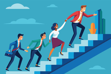 An illustration showing a diverse team of business professionals working together to climb a stairway to success, symbolizing teamwork, collaboration, and shared goals.