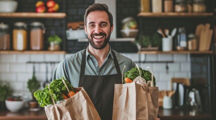 Wall Mural - Smiling man with paper bags of groceries at kitchen.