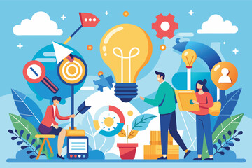 Poster - An illustration depicting three individuals engaged in brainstorming and collaborating on ideas, surrounded by symbols of creativity, innovation, and teamwork.