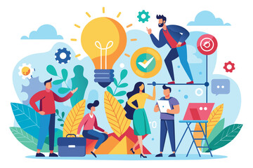 Poster - An illustration depicting a team of individuals working together, collaborating and supporting each other to reach a common goal represented by a lightbulb.