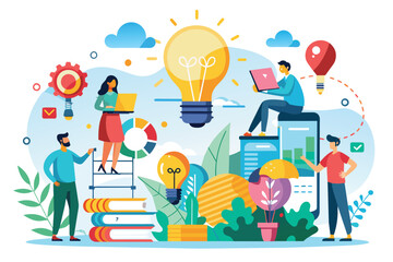 Poster - An illustration depicting people working together on a project, brainstorming new ideas, and using technology to collaborate.