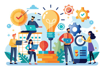 Poster - An illustration of a team of people working together on a project, with a large light bulb representing an idea.