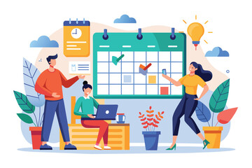 Poster - A team of three people are working together on a project schedule, using a large calendar to track their progress.