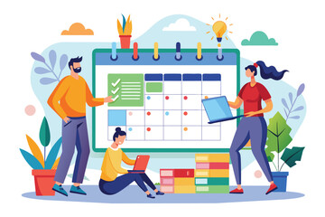 Poster - An illustration depicting a team of three individuals working together, focusing on a large calendar. They are engaged in scheduling tasks and completing to-do lists.
