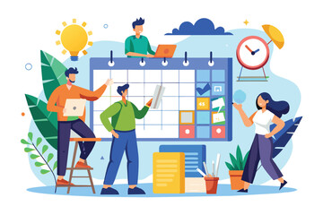 Poster - A team of four people plan their schedule around a large calendar with colorful post-it notes.