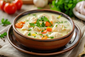 Poster - Chicken and vegetable cheese soup on a plate