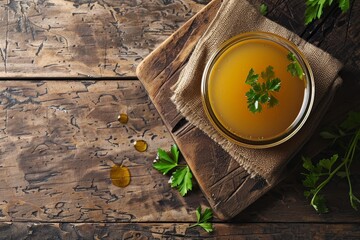 Wall Mural - Chicken soup in a jar on a wooden background top view with copy space