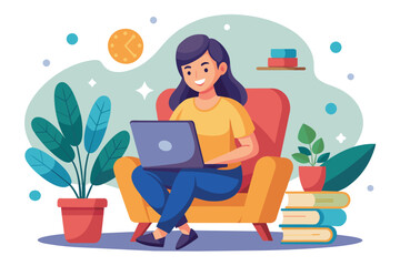 Poster - An illustration of a smiling woman working on a laptop while sitting in a comfortable armchair at home. She is surrounded by plants and books, suggesting a cozy and productive workspace.