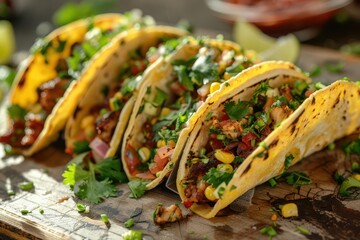 authentic street style tacos with fresh corn tortillas and zesty cilantro food photography