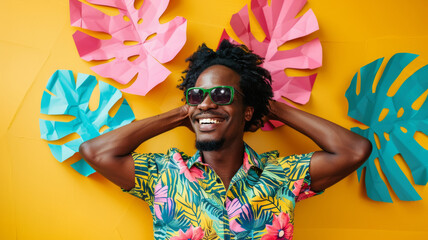 Sticker - A cheerful African American man in a bright tropical shirt and sunglasses stands against a bright yellow background decorated with pink and turquoise paper monstera leaves.