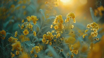 Macro view of rapeseed flowers in bloom in a Polish field