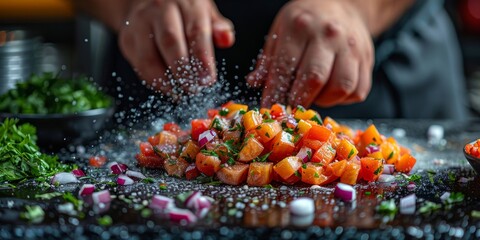 Wall Mural - A person adds salt to vegetables to enhance flavor