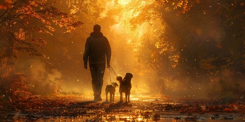 A man is walking two dogs on a leash in a beautiful forest under the sunlight