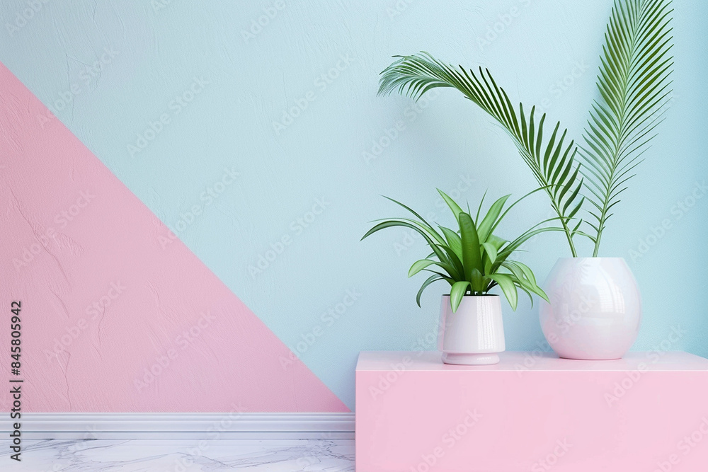 minimalist, modern interior design, pastel color palette, pink and blue ...