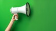 © AndreyFrol - Female hand with a white loudspeaker on a green background. Copy space. Excursions and sightseeing tours