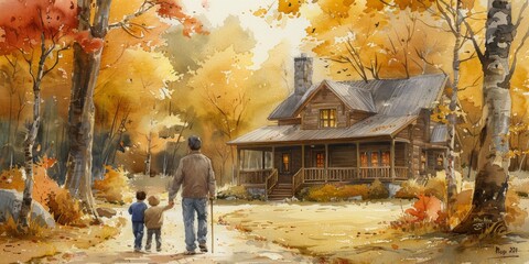 Man and two children walking towards a log cabin in a painting