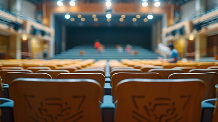 Wall Mural - a of a school auditorium with rows of seats and a stage, capturing a blurred background of students preparing for a performance or assembly, Interior, School, indoor