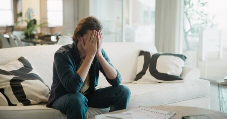Poster - Home, man and college student stress with document on sofa with exam, anxiety and worry with learning. Thinking, reading and paperwork for debt, education and school test with studying in living room