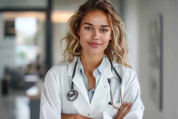 A welcoming young female doctor standing arms crossed, with a stethoscope and lab coat in a clinic setting