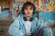© Lens Legacy - A thoughtful young man sits with headphones around his neck against a colorful graffiti wall, exuding a chill, urban vibe