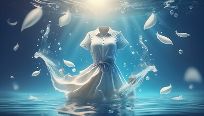 cleaning clothes washing machine or detergent liquid commercial advertisement style with floating shirt and dress underwater