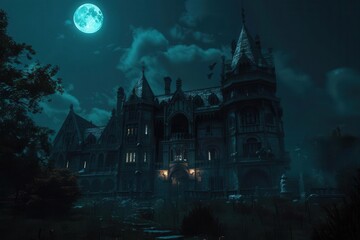Wall Mural - creepy haunted vampire mansion at night eerie gothic architecture under moonlit sky 3d rendering