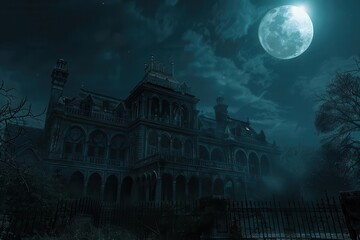 Wall Mural - creepy haunted vampire mansion at night eerie gothic architecture under moonlit sky 3d rendering