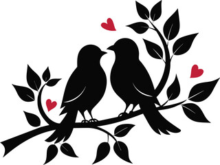 two loving birds on a branch vector illustration, two birds in love on a branch