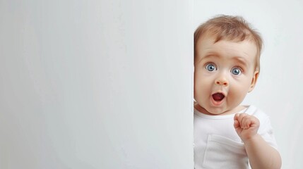 Surprised baby peeping with plain background