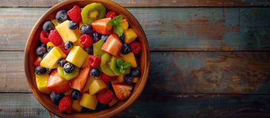 Wall Mural - Fresh Fruit Salad in a Wooden Bowl from Above.