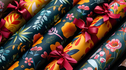 Colourful row seamless of rolled multi colour colourful graphic pattern floral prints wrapping paper for gift presents tied with ribbon bow