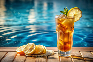 Cold tea with ice and lemon on a wooden surface against the backdrop of a swimming pool with blue water. Selective focus. Summer refreshing drink.