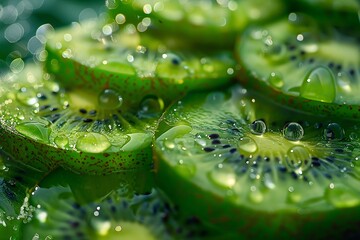 Wall Mural - Close-up of Sliced Kiwi Fruits with Water Droplets