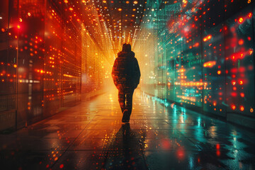 Wall Mural - Silhouette of person walks in digital world. Man standing in futuristic cyberspace