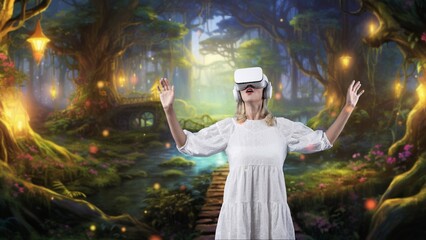 Wall Mural - Excited woman turning around looking VR in wonderland metavers in fairytale forest meta magical world with bokeh neon light falling with water stream across bridge in mysterious jungle. Contraption.