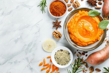 Canvas Print - Flat lay with sweet potato puree and ingredients on marble table Room for text