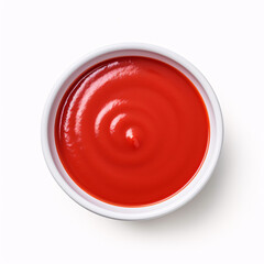 Delicious top view ketchup in white bowl isolated on white background. Portion of tomato sauce with clipping path. One of the collection of various sauces