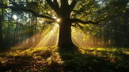 Poster - Tree bathed in golden sunlight in a dense forest. Nature and tranquility concept. Generative AI