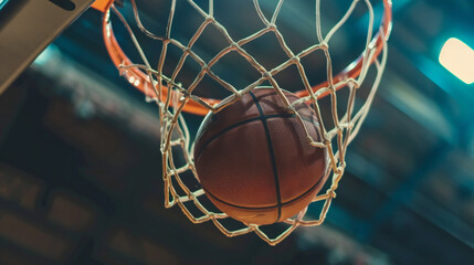 close up photo of a ball in a basket, Scoring the winning points at a basketball game