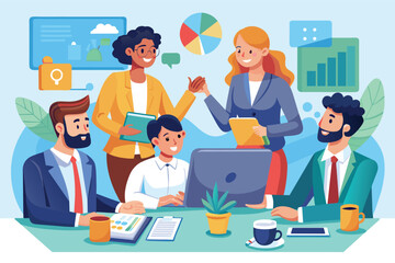 Poster - An illustration of a diverse group of four business people meeting at a table with a computer. Charts, graphs, and other office elements are visible in the background.